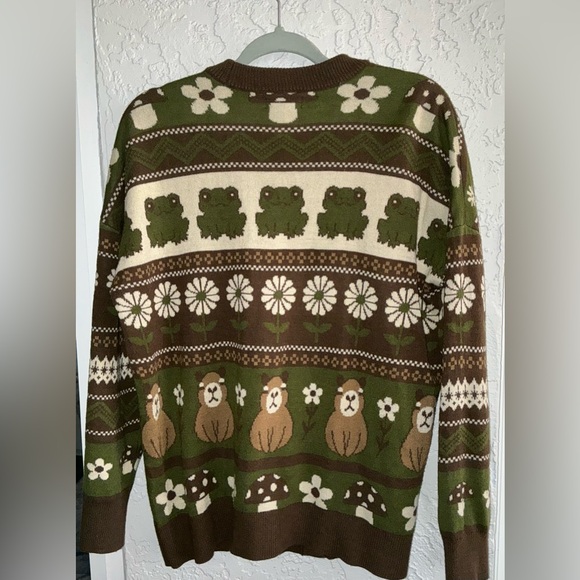 Social Collision/ Thorn & Fable Forest Capybara Frog Sweater Cardigan - Picture 3 of 6